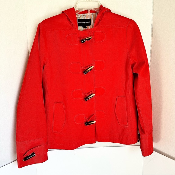 🍓Banana Republic Jacket Size Small Hooded Red Toggle closure Pink lining - Picture 2 of 12